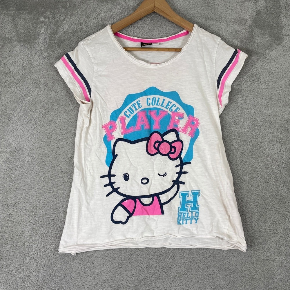 Y2K Hello Kitty Shirt Womens Small White Pink Varsity Sanrio 2000s Babydoll